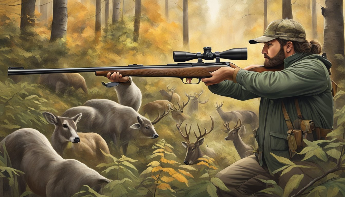 A modern muzzleloader being used to hunt game in a forest, with the hunter surrounded by wildlife and natural beauty, showcasing the impact of muzzleloading on conservation and culture