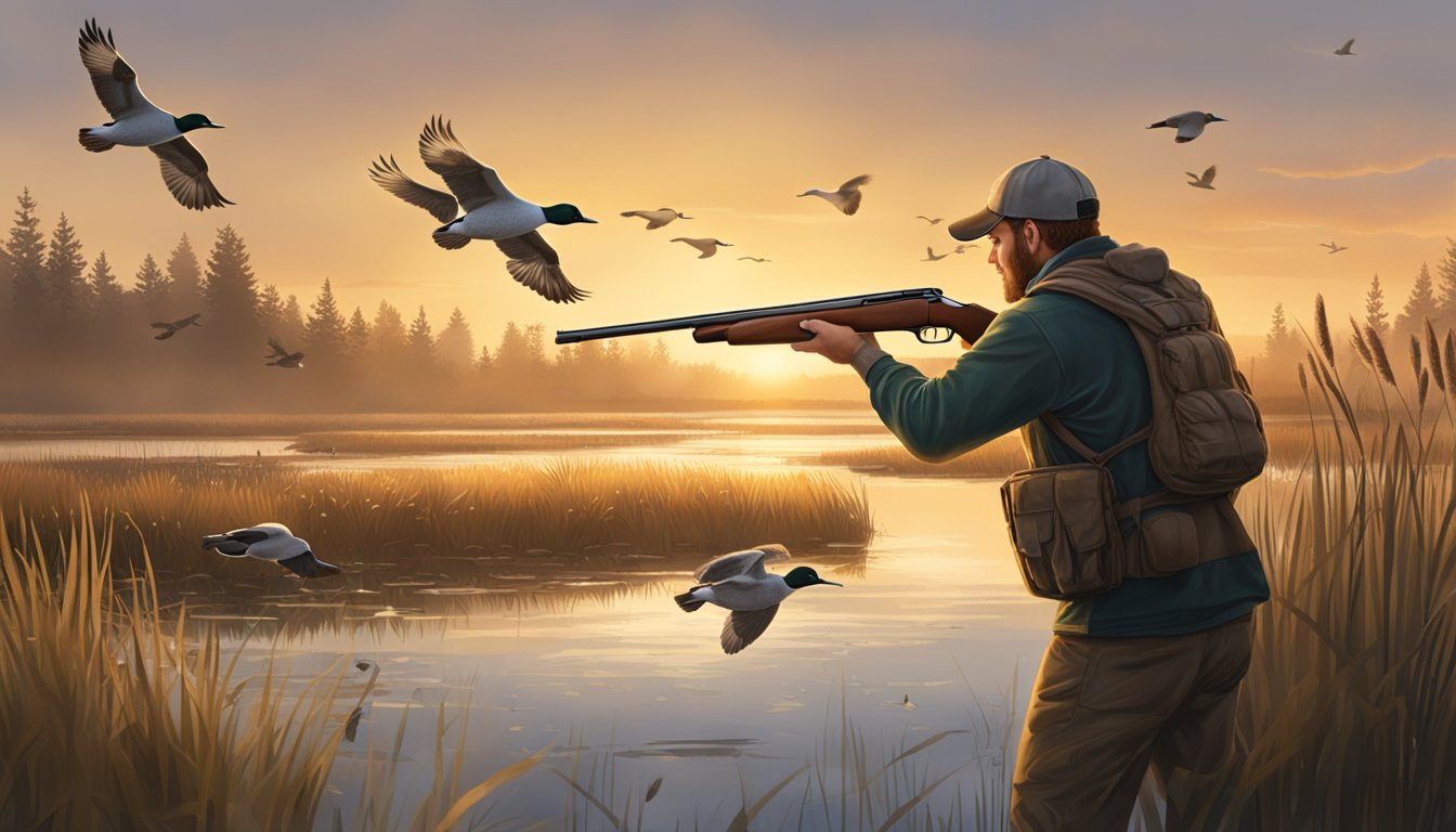 A hunter holding a Peak Performance shotgun, aiming at a flock of ducks flying over a marshy wetland at sunrise