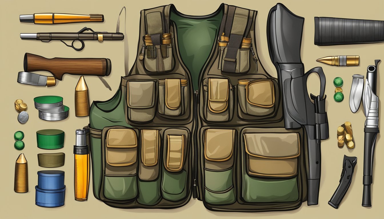 A duck hunting vest filled with pockets, ammo loops, and a game pouch, surrounded by shotgun shells, duck calls, and other essential hunting accessories