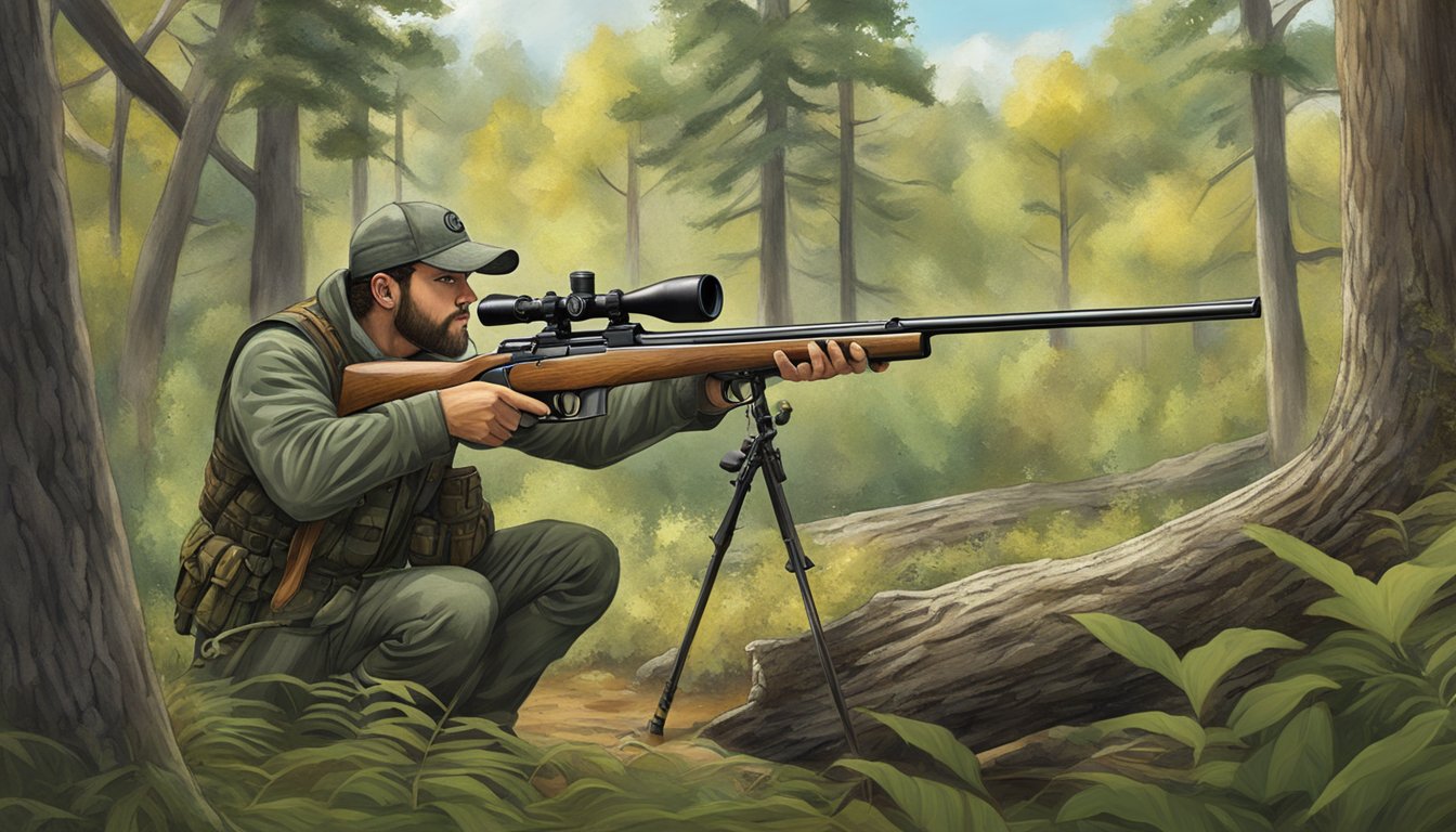 A hunter aiming a bolt action hog rifle in a wooded area