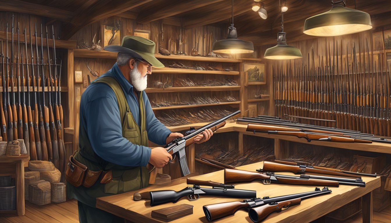 A hunter examining bolt action rifles in a rustic hunting store