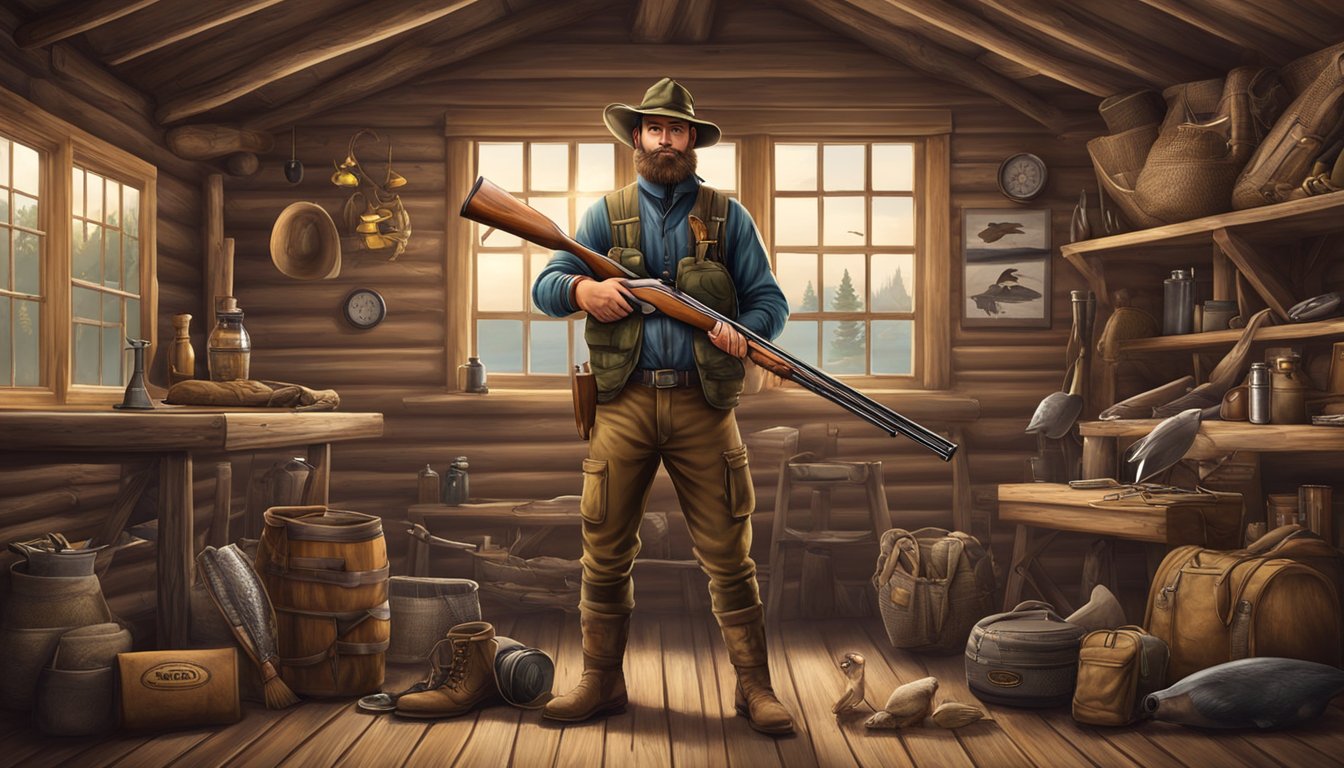 A duck hunter holds a shotgun with a brand logo, surrounded by various shotgun models and hunting gear in a rustic cabin