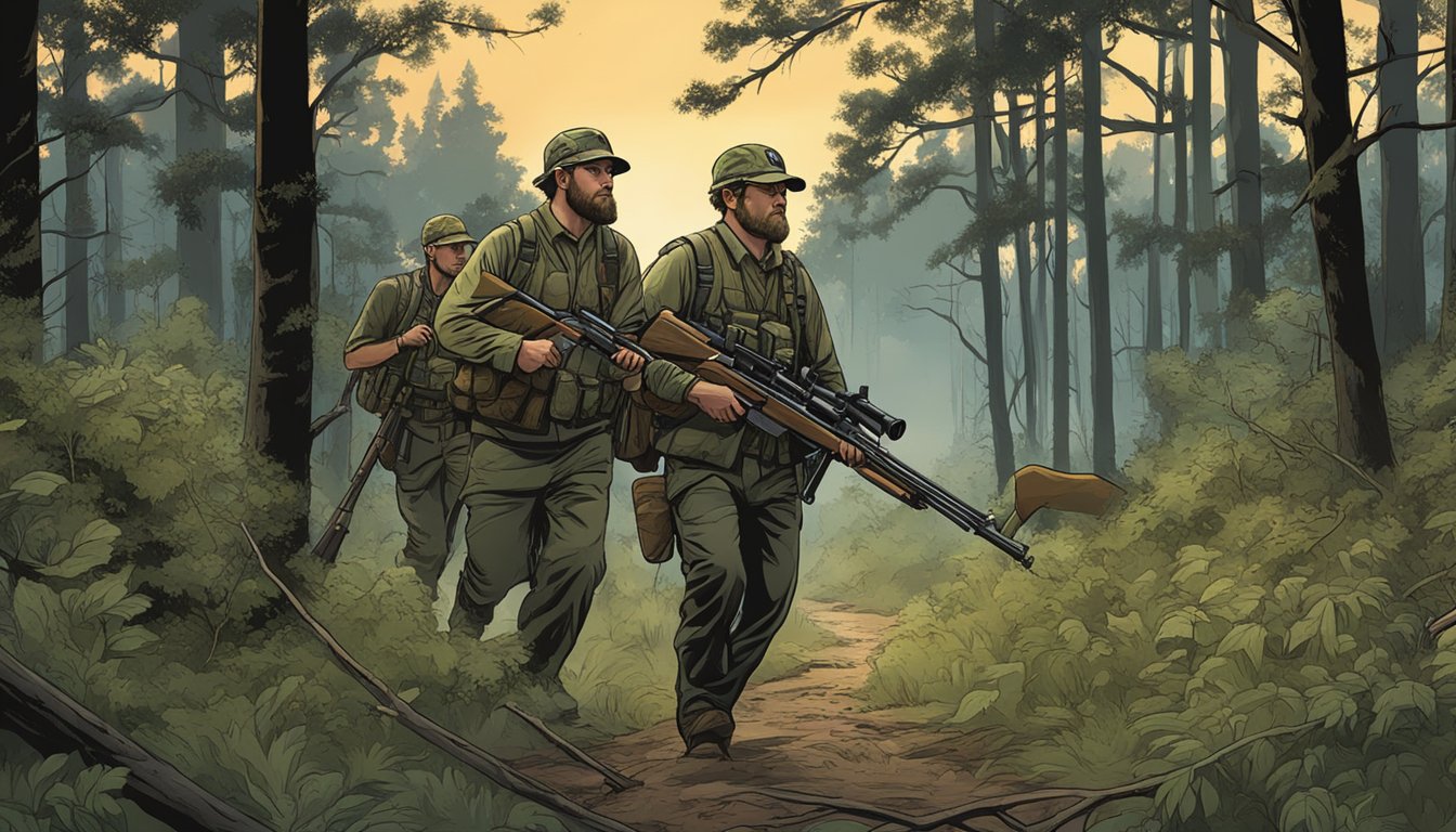 Two hunters carrying budget bolt action hog rifles through a dense forest at dusk