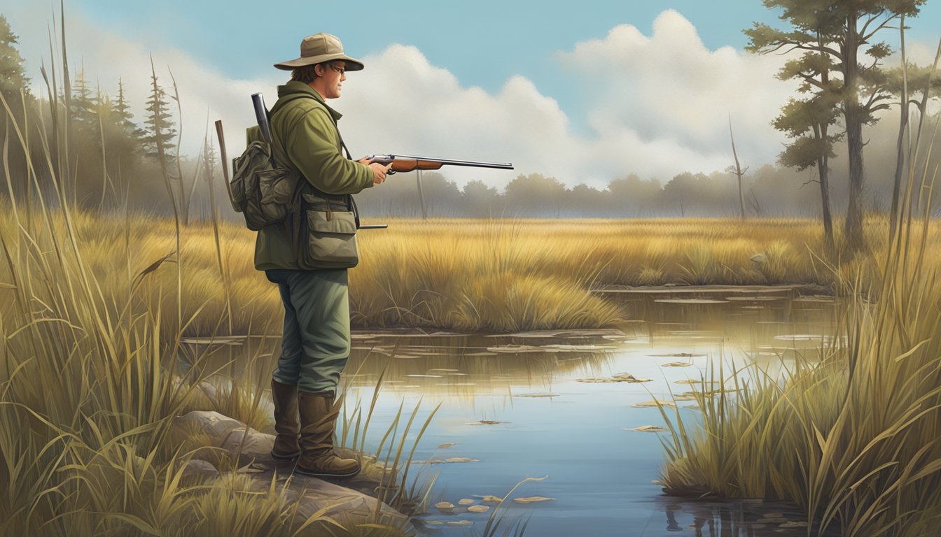 A hunter sets down a shotgun next to a conservation sign in a marshy wetland