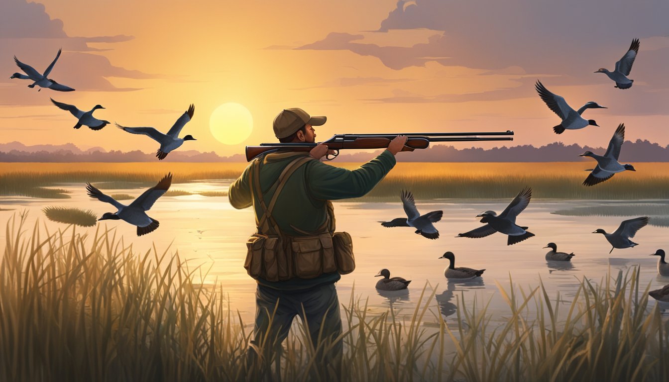 A hunter aims a shotgun at a flock of ducks flying over a marsh at sunset