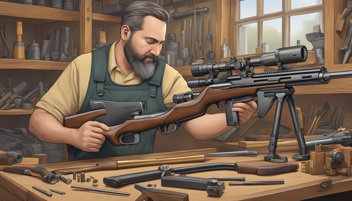 A gunsmith meticulously customizes a bolt action hog rifle in a workshop filled with tools and gun parts