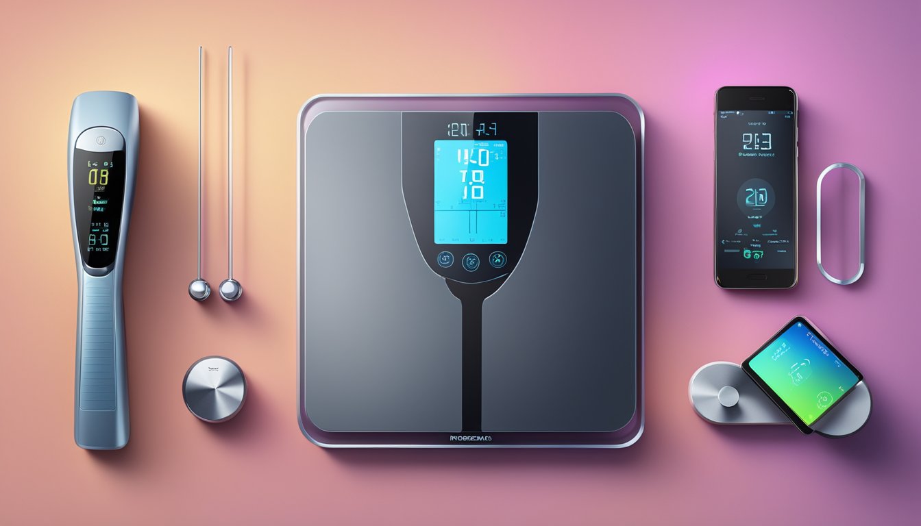 A sleek, modern scale surrounded by futuristic gadgets and devices, showcasing the latest technological advancements in weight measurement