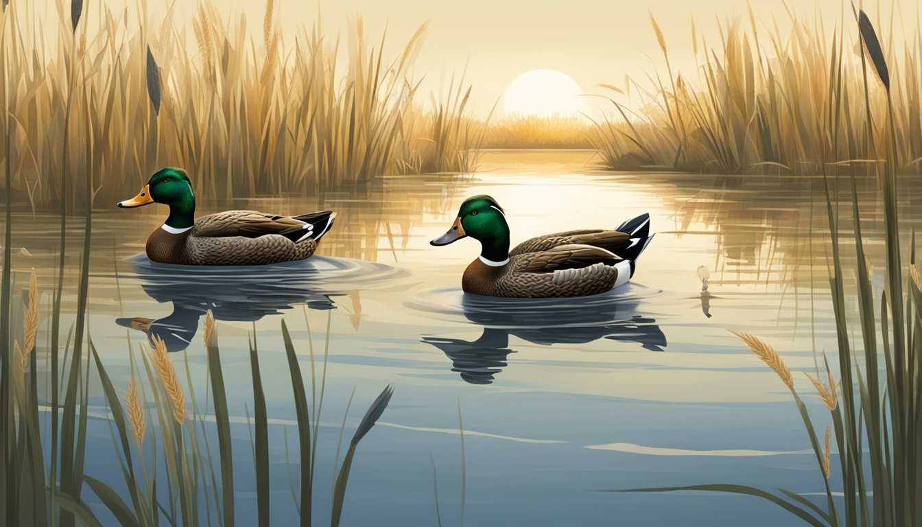 A group of duck hunting decoys floating on a calm, reflective pond, surrounded by tall grasses and reeds. Several ducks can be seen swimming nearby, exhibiting various natural behaviors