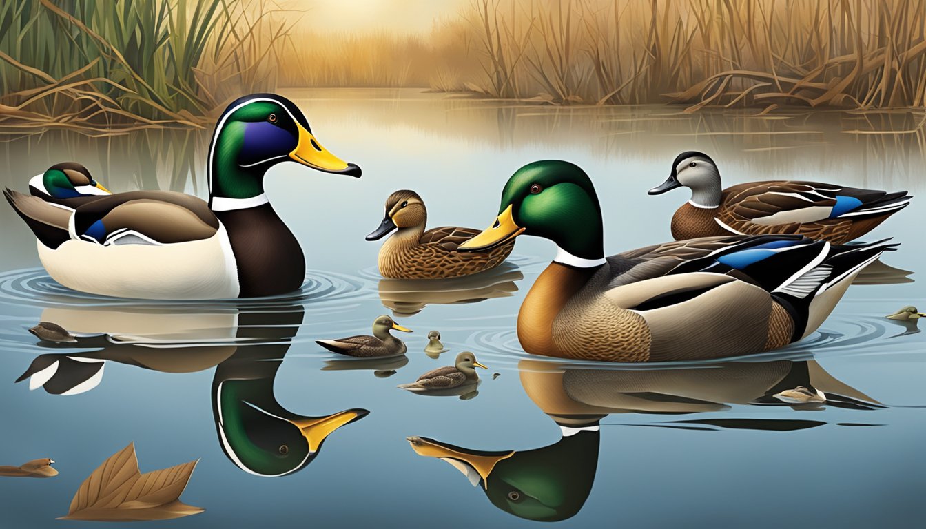 A variety of duck decoys are scattered across the water, including mallards, pintails, and wood ducks, creating a lifelike scene for duck hunting