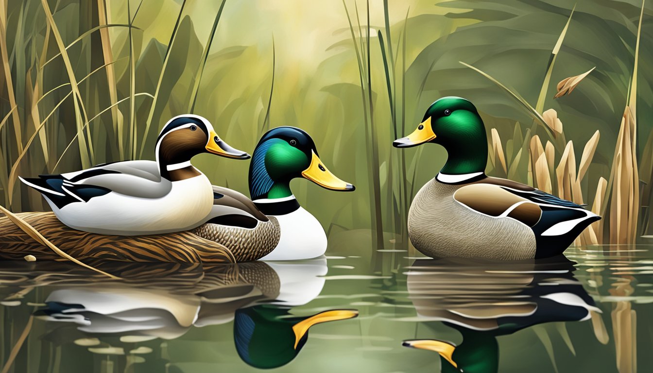 Duck decoys arranged in a natural water setting, with various types of decoys and accessories strategically placed to create an enticing spread for duck hunting