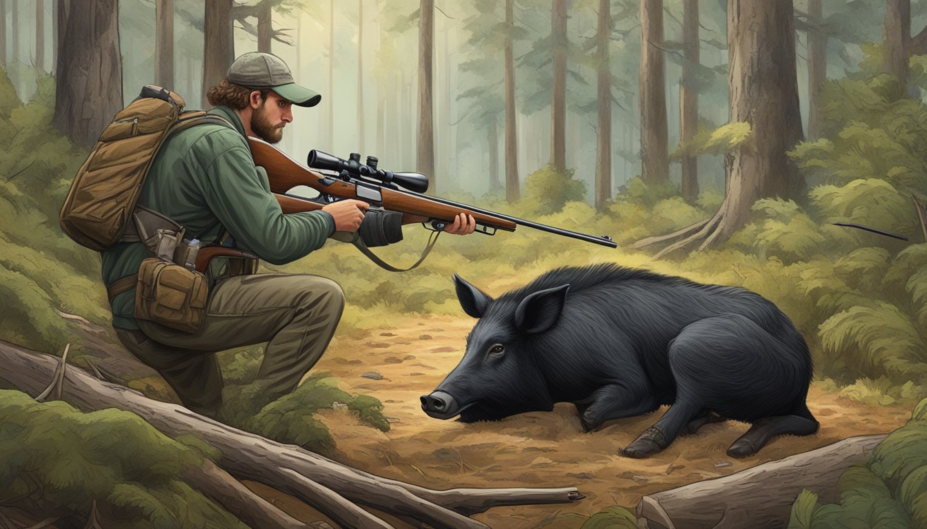 A hunter loads a bolt-action rifle, surrounded by dense forest and a group of wild hogs in the distance