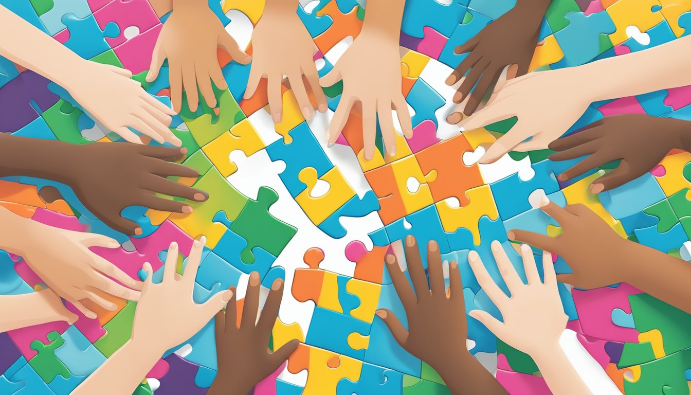 A hand reaching out to connect puzzle pieces of different sizes and shapes