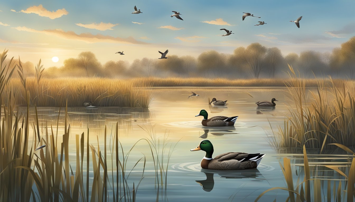 A serene wetland with a variety of duck hunting decoys scattered among the reeds and water, emphasizing conservation and ethical practices