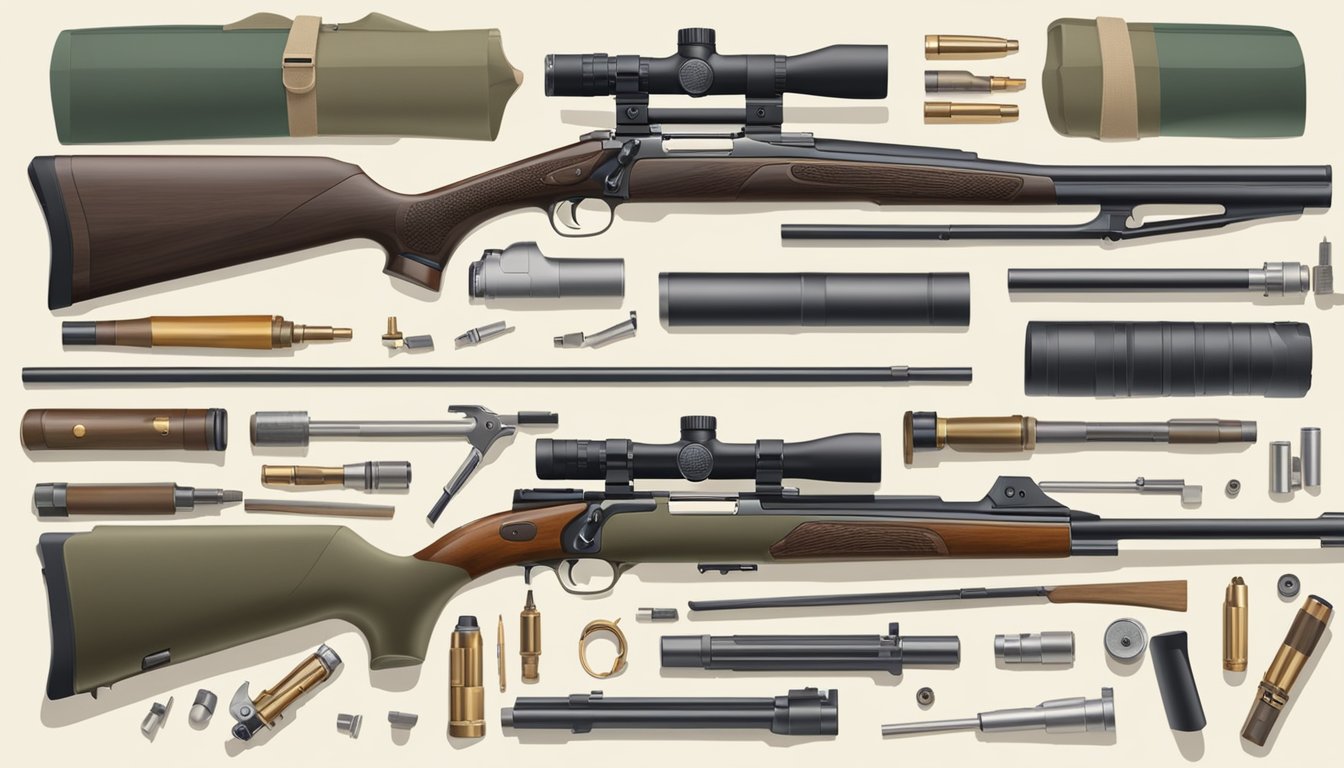 A hunter carefully selects a bolt gun, surrounded by various calibers and models, preparing for hog hunting