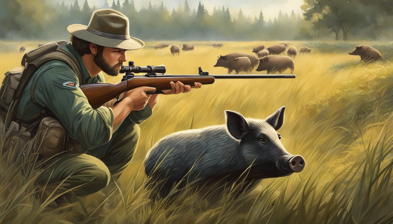 A hunter crouching in tall grass, aiming a lightweight bolt action rifle at a group of hogs grazing in a clearing