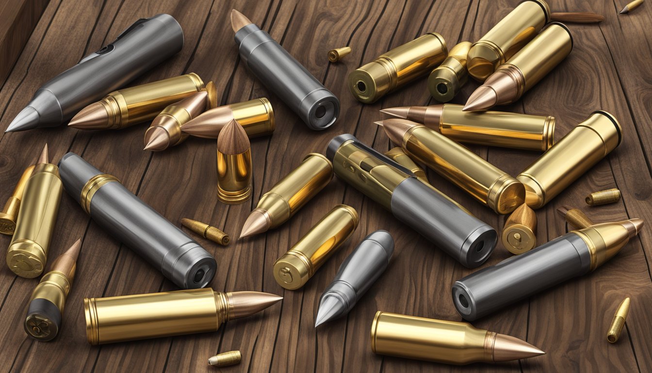 Rifle cartridges of various calibers laid out on a wooden table, surrounded by hunting gear and a target with bullet holes