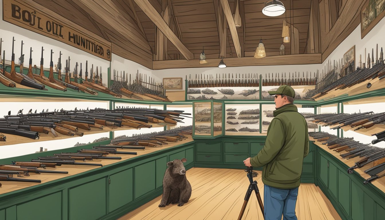 A hunter examines a display of lightweight bolt action rifles, surrounded by images of hogs in a hunting supply store