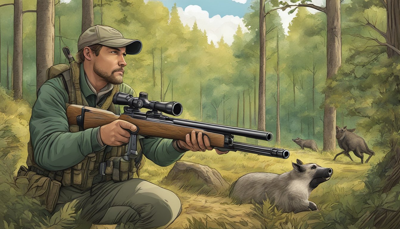 A hunter aims a bolt gun at a distant hog in a wooded area