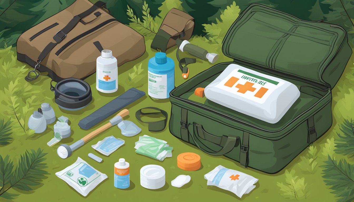 A hunting first aid kit laid out on a forest floor, surrounded by scattered bandages, antiseptic spray, and a tourniquet