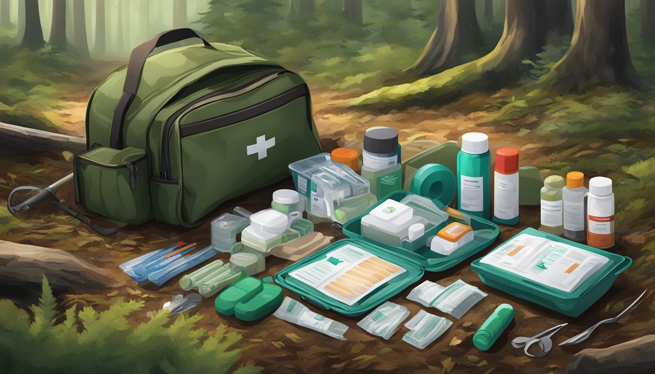 A hunting first aid kit opened on the forest floor, with trauma management supplies scattered around it