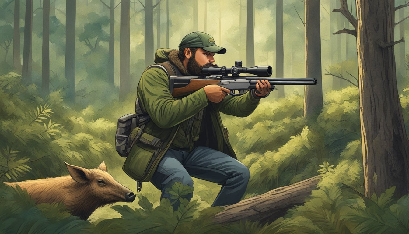 A hunter aims a bolt gun at a wild hog in a forest clearing, surrounded by trees and underbrush