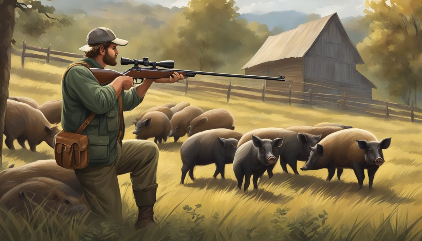 A hunter holding a lightweight bolt action rifle, aiming at a group of hogs in a rural setting