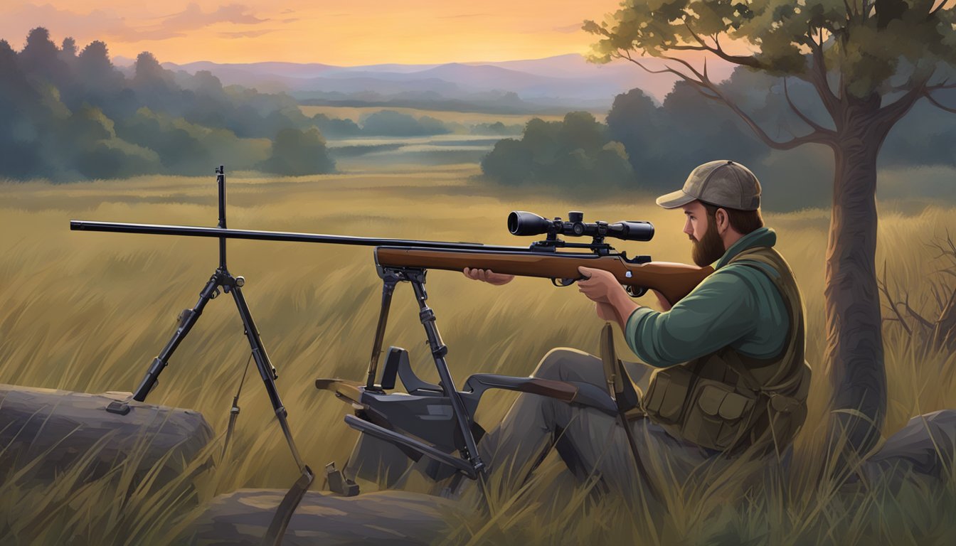 A hunter customizes a lightweight bolt-action rifle for hog hunting in a rural setting at dusk