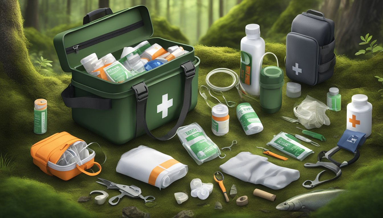 A rugged first aid kit with hunting and fishing gear, including bandages, antiseptic, splint, and snake bite kit, displayed on a mossy forest floor