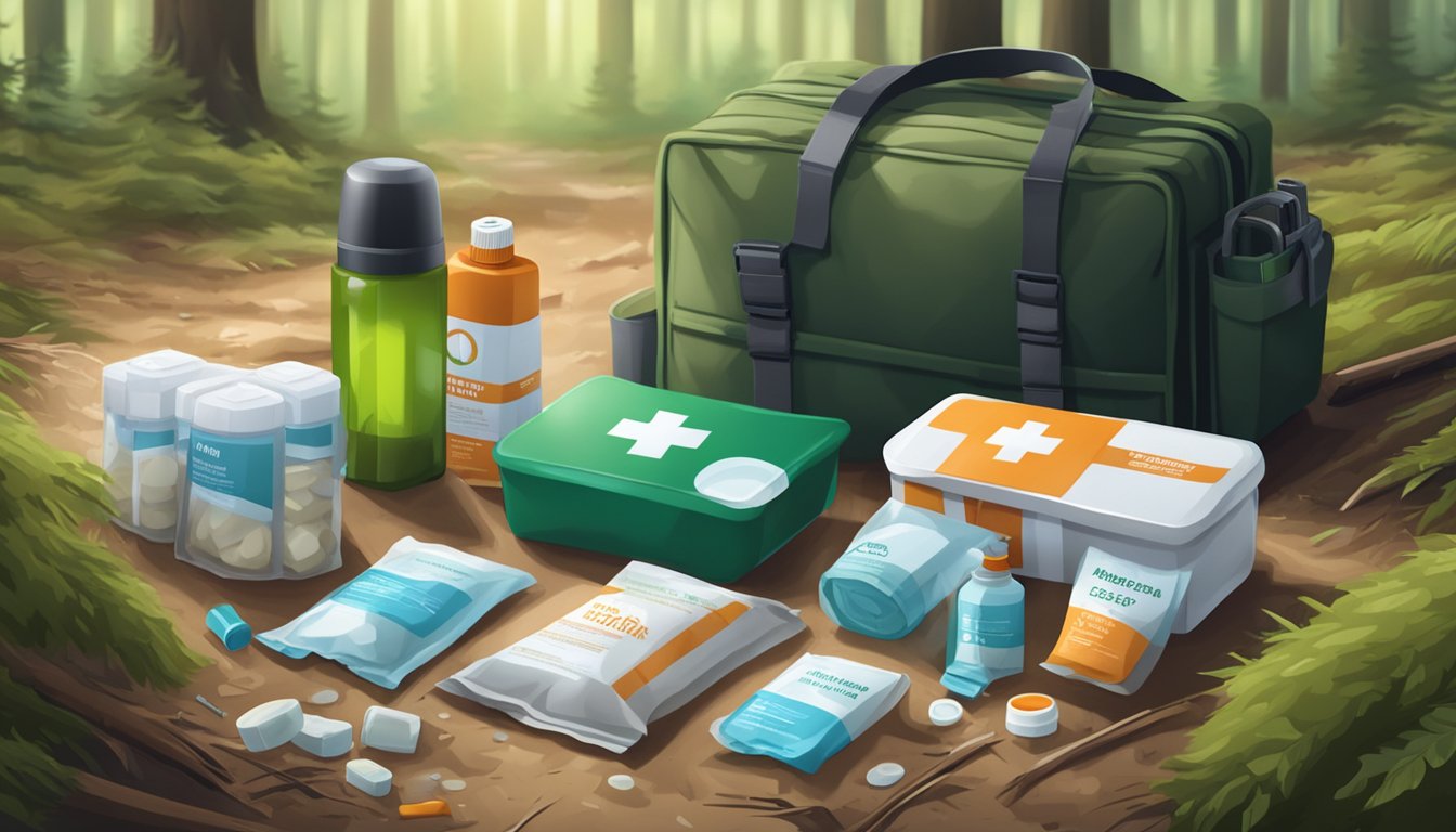 A hunting first aid kit open on the forest floor, surrounded by scattered bandages and antiseptic spray