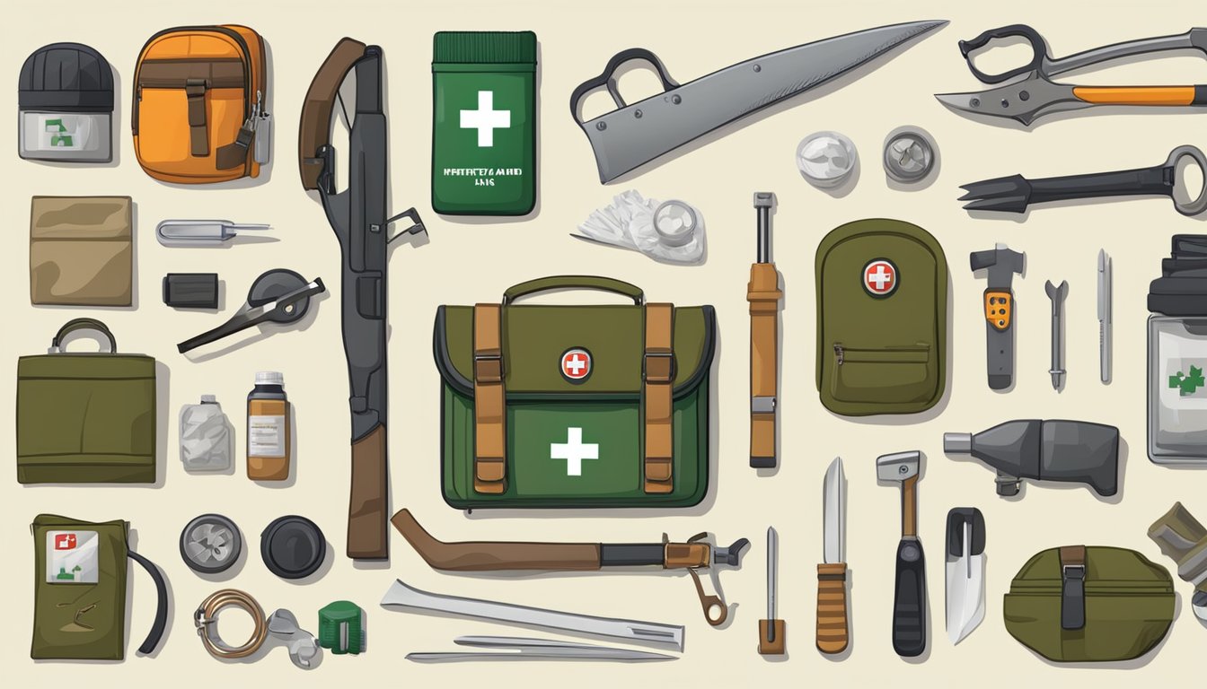 A hunting first aid kit surrounded by various tools and miscellaneous gear