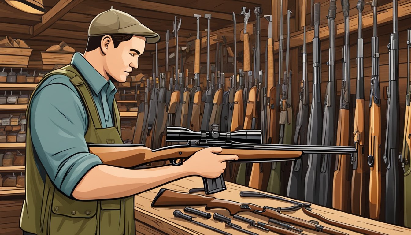 A hunter carefully selecting a lightweight bolt action rifle from a display of hunting gear in a rustic outdoor store