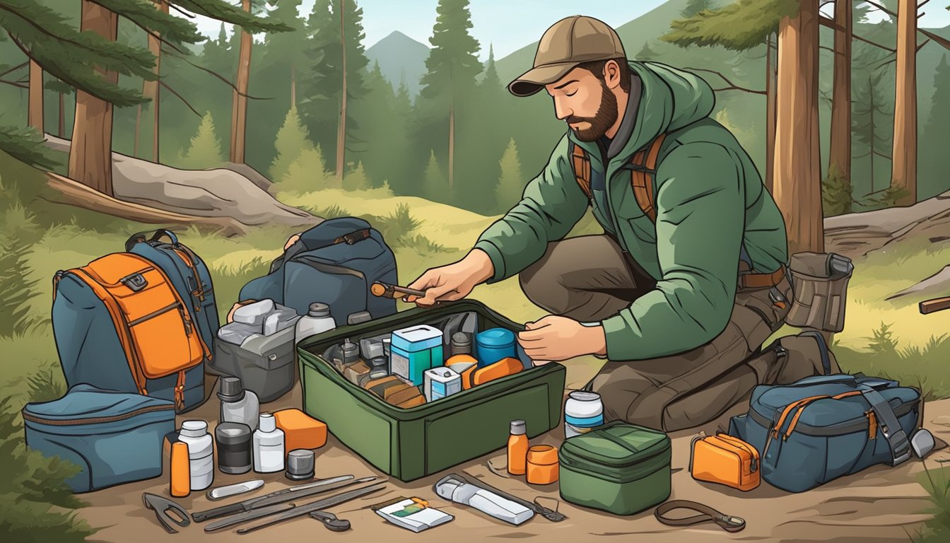 A hunter unpacks a first aid kit, surrounded by tools and equipment for maintenance and skills training in the wilderness