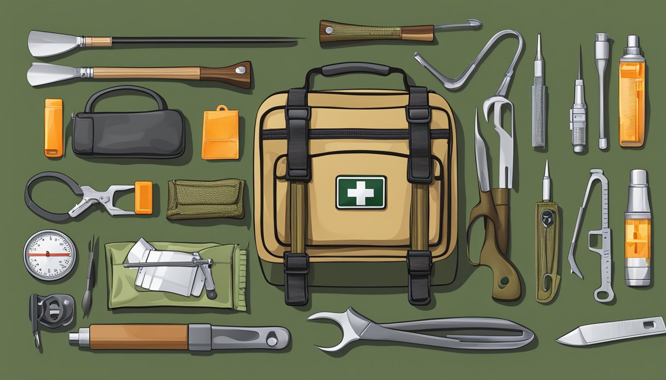 A hunting first aid kit being adapted for various hunting situations, with different tools and supplies arranged in a versatile and organized manner