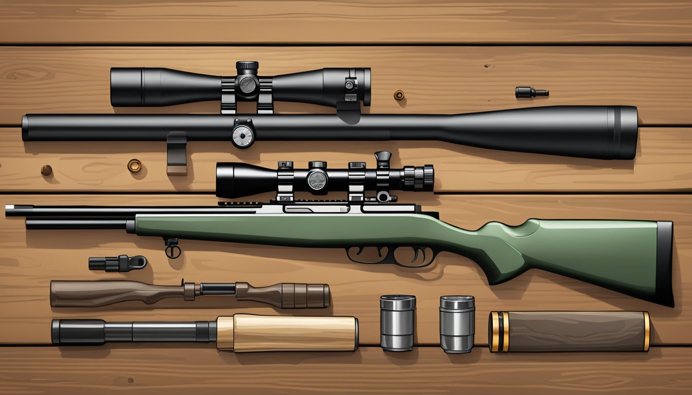 A hunter's gear laid out on a wooden table: a scope, ammunition, and a lightweight bolt action rifle designed for hunting hogs