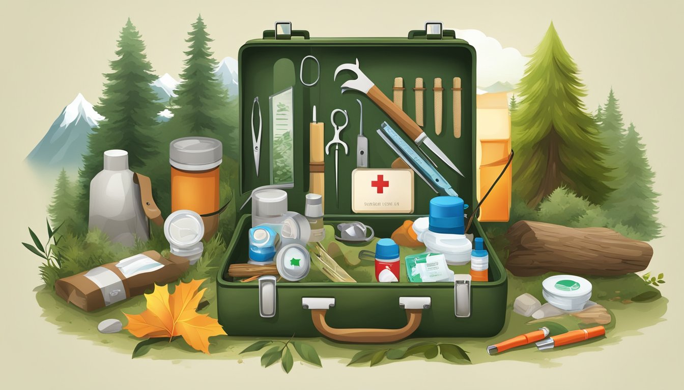 A hunting first aid kit displayed with legal and ethical symbols, surrounded by nature