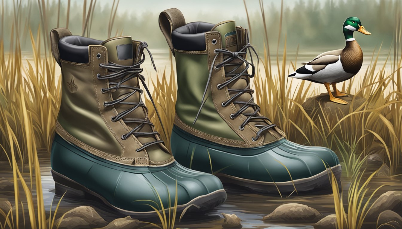 A pair of duck hunting boots stands in the mud, surrounded by tall grass and waterfowl decoys