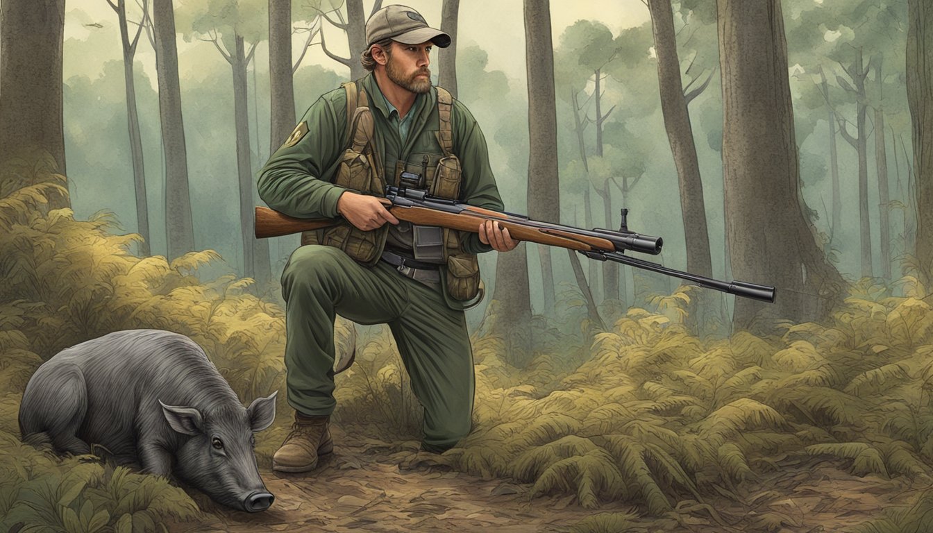 A hunter holding a bolt action rifle in a wooded area, with a wild hog in the distance