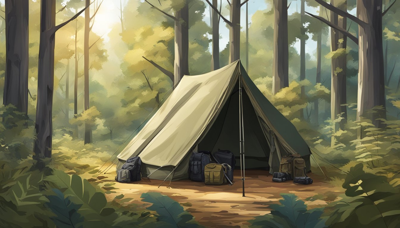 A hunting tent pitched in a forest clearing, surrounded by trees and foliage, with hunting gear and camouflage clothing scattered around