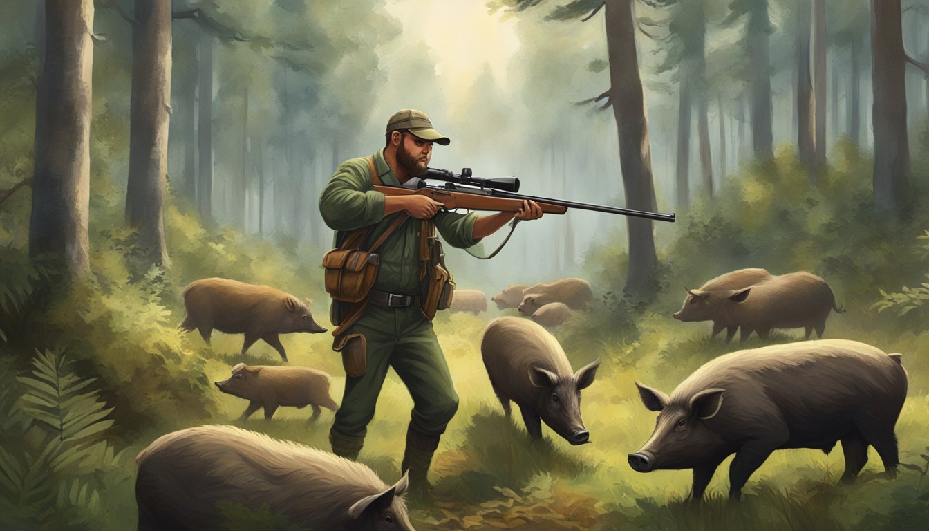 A hunter holding a bolt action rifle, aiming at a group of hogs in a dense forest clearing