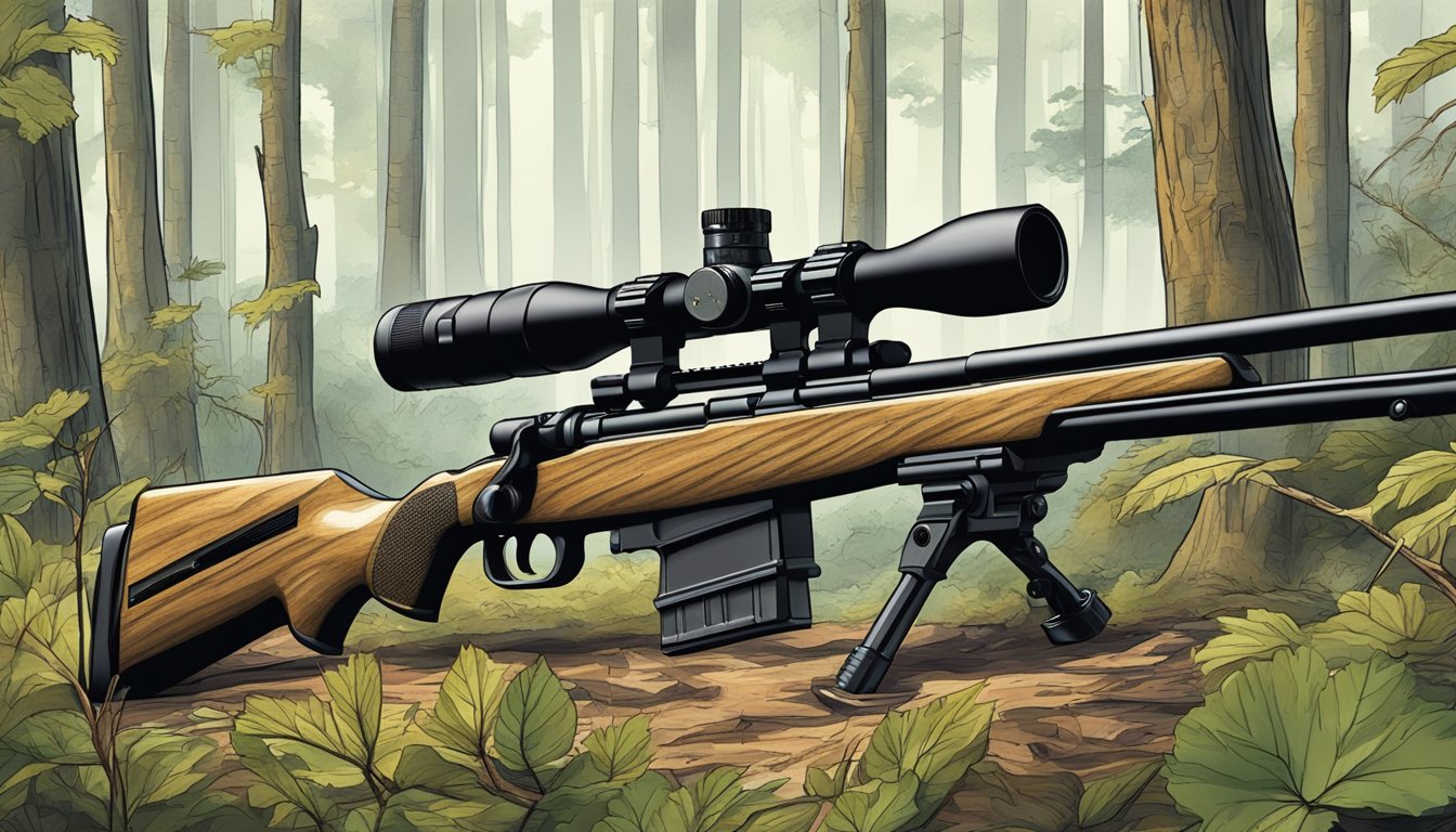 A bolt action rifle with enhanced scope and bipod, surrounded by woodland and a clearing, ready for hog hunting