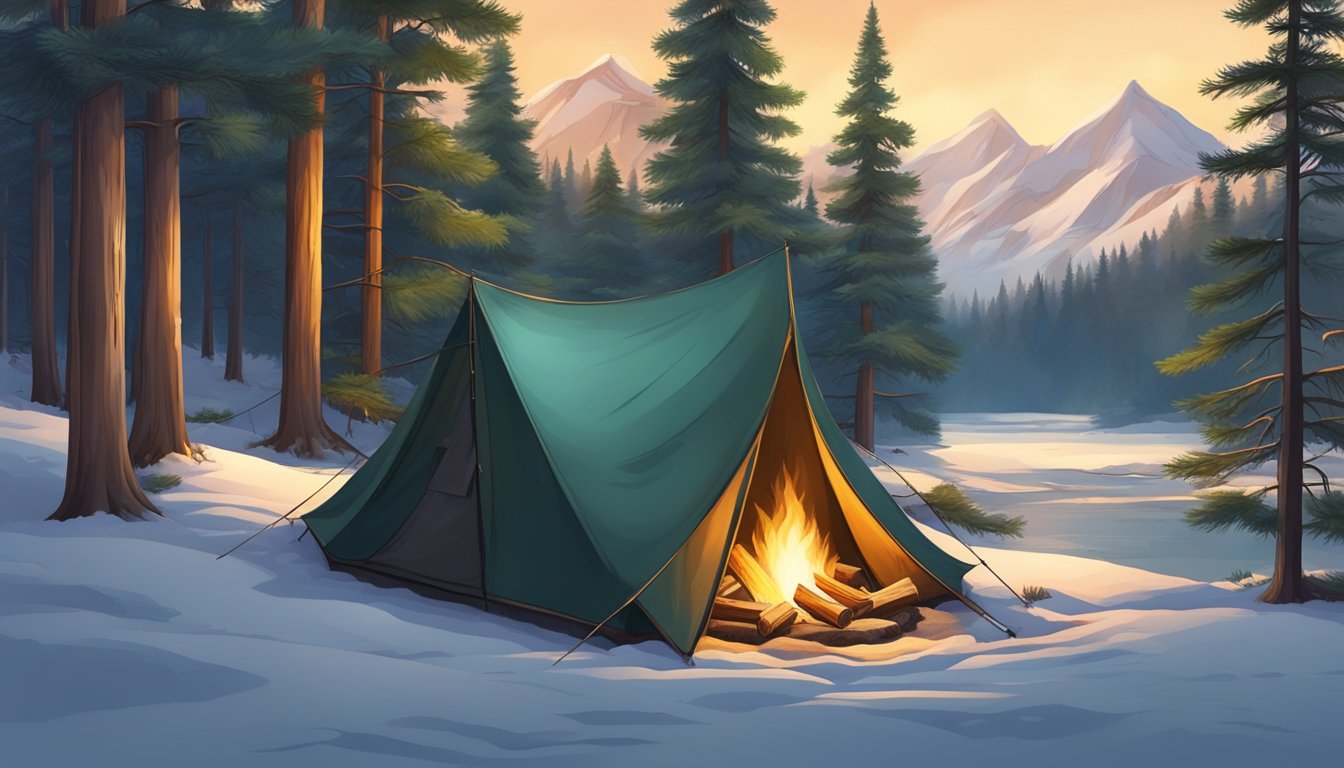 A cozy hunting tent nestled among tall pine trees in a lush forest clearing, with a crackling campfire and a backdrop of snow-capped mountains