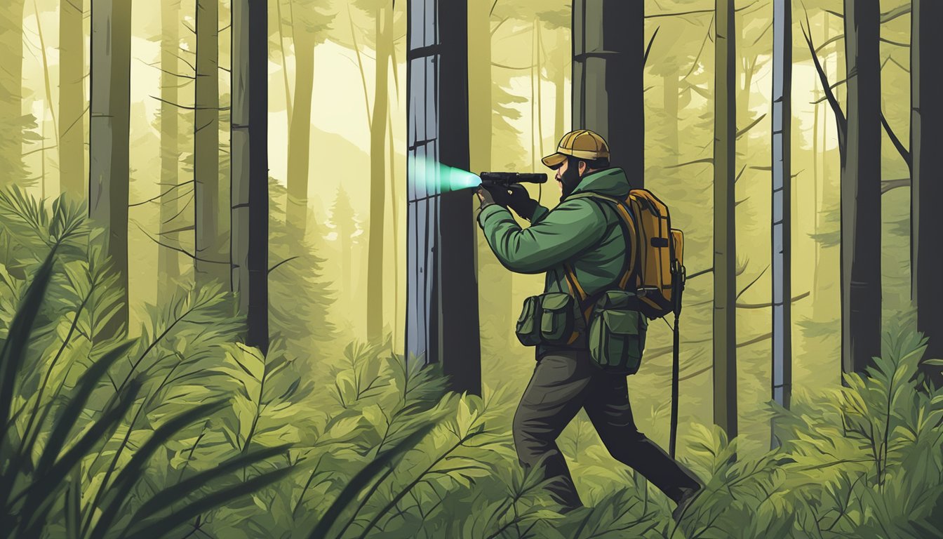 A hunter using a laser range finder to measure distance in a forest clearing