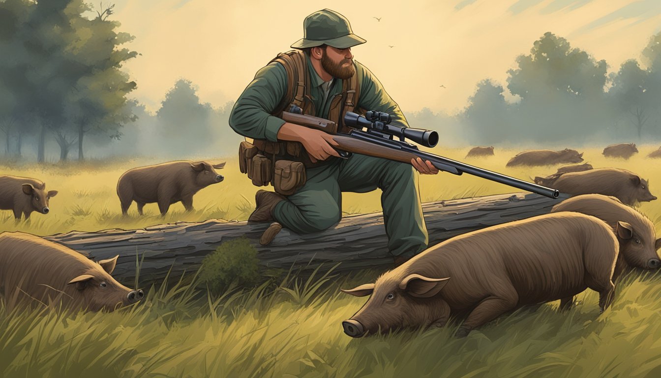 A hunter crouches behind a fallen log, aiming a bolt action rifle at a group of hogs in a grassy field