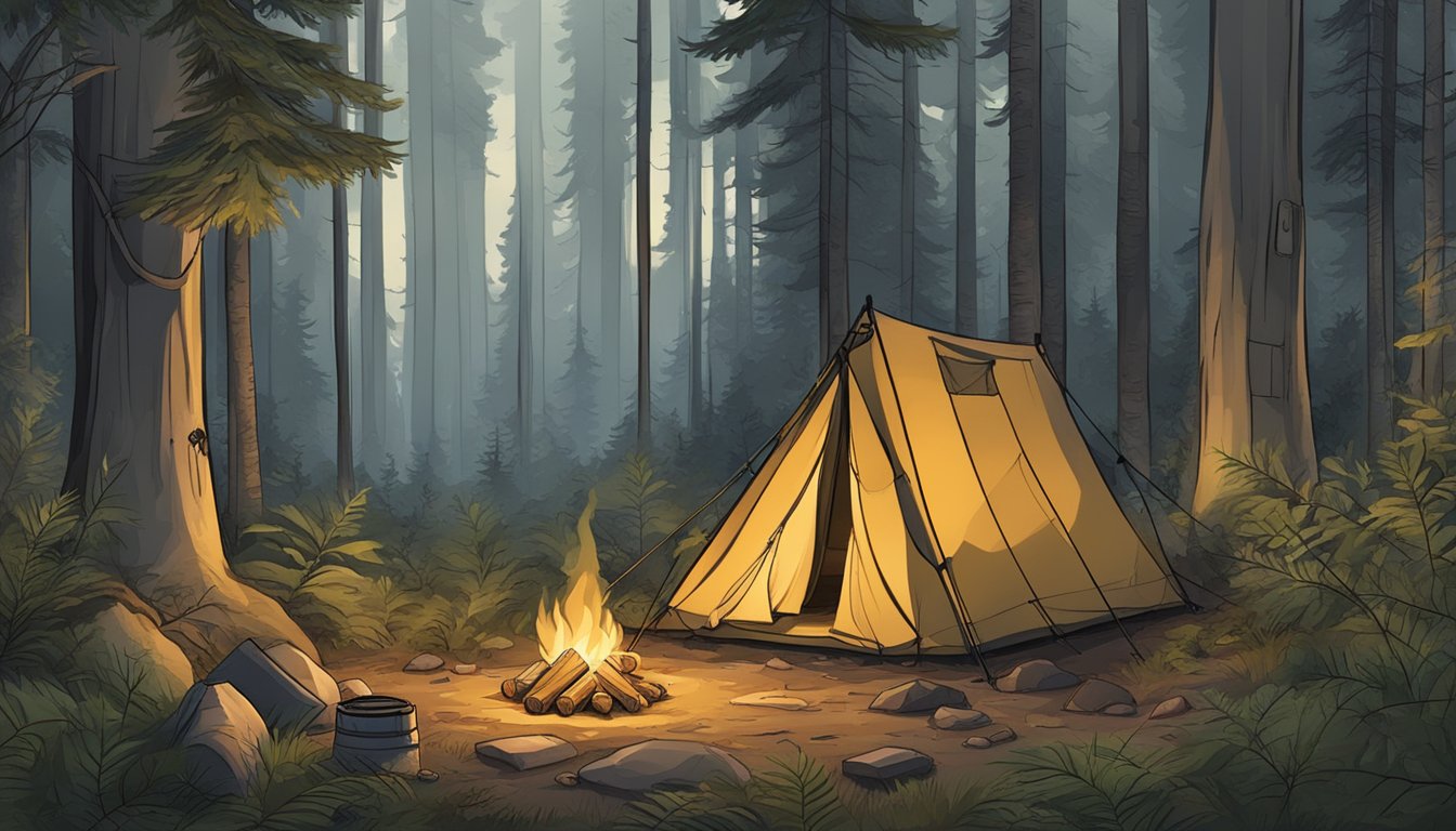 A rugged, camouflaged tent nestled in a dense forest clearing, surrounded by hunting gear and a small campfire