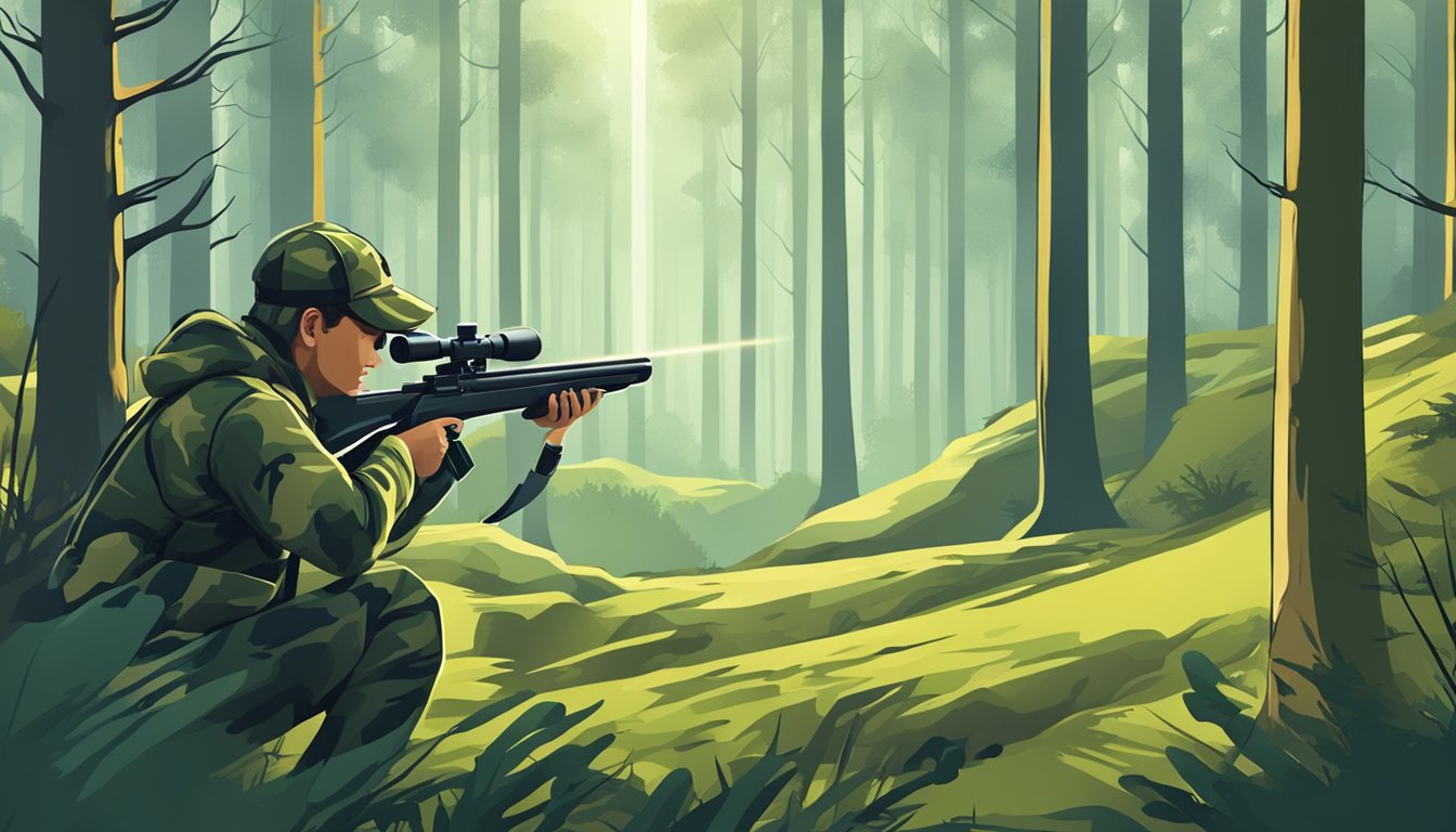 A hunter in camouflage aims a laser range finder at a distant target in the forest