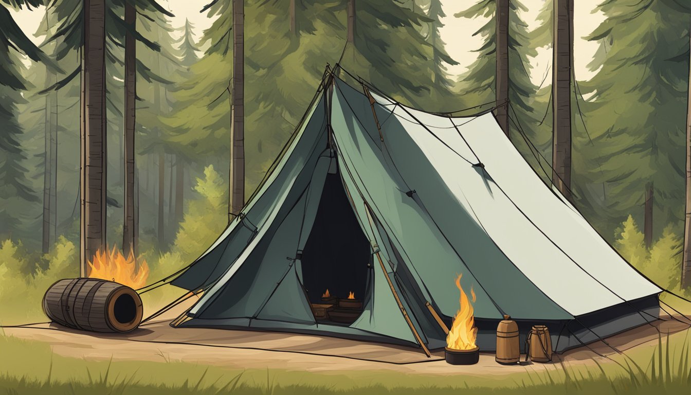 A sturdy tent surrounded by trees, with a fire pit and hunting gear nearby