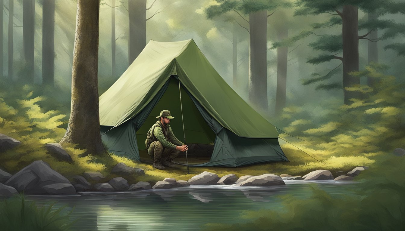 A hunter sets up a tent in a lush forest, surrounded by tall trees and a clear stream. The tent blends in with the natural environment, camouflaged and sturdy against the elements