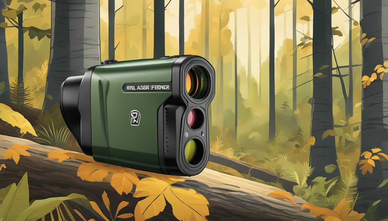 A laser range finder in hunting mode, with advanced features selected, scanning a forested landscape