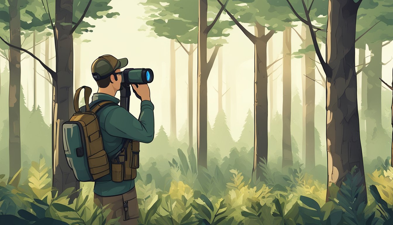 A hunter holding a laser range finder while standing in a forest clearing, surrounded by trees and wildlife