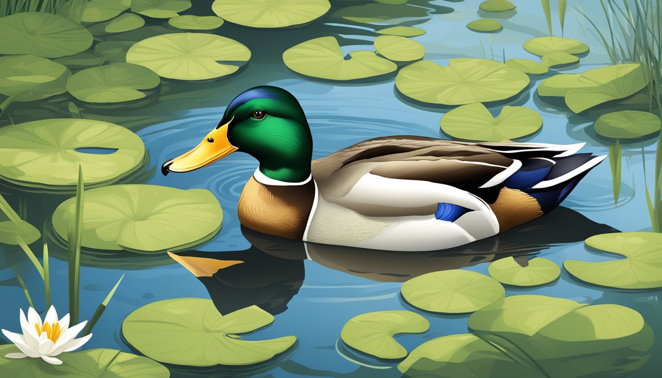 A mallard duck quacking in a serene pond surrounded by reeds and lily pads